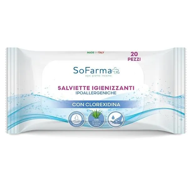 Sofarmapi Salviette Ipoallergeniche Igienizzanti con Clorexidina - 20 Pezzi