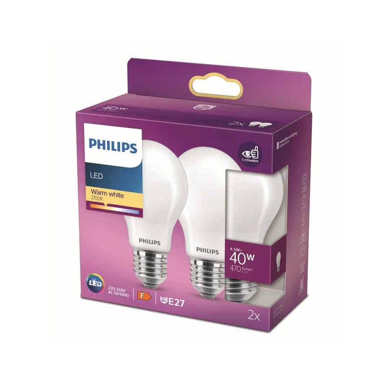 Philips LED Lampadina Goccia, 2 pz, 4.5W, Attacco E27, Luce Bianca Calda