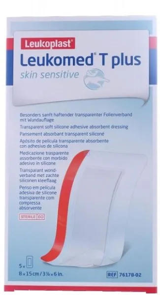 Leukomed t plus skin sensitive medicazione post-operatoria trasparente impermeabile con massa adesiva al silicone 8x15cm 5 pezzi